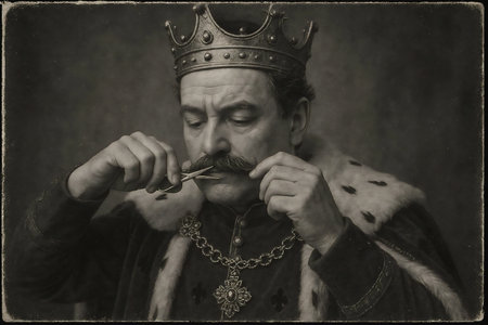 royal king in full regalia and crown, carefully trimming his mustache with small scissors. Generative ai raster illustration.の素材