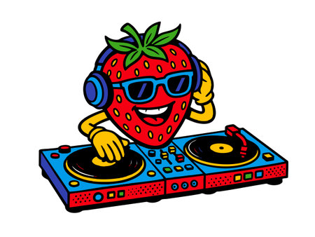 smiling strawberry character wearing sunglasses and headphones while DJing with turntables. vector colorful pop art illustration.のイラスト素材
