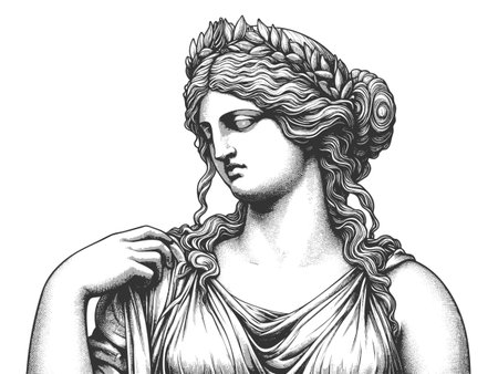 female figure resembling a Greek or Roman goddess sketch engraving generative ai fictional character vector illustration. Scratch board imitation. Black and white image.の素材