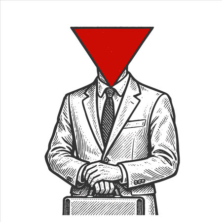 man in a suit holding a briefcase, with a red upside-down triangle instead of a head sketch engraving fictional character vector illustration. Scratch board imitation. Black and white.のイラスト素材
