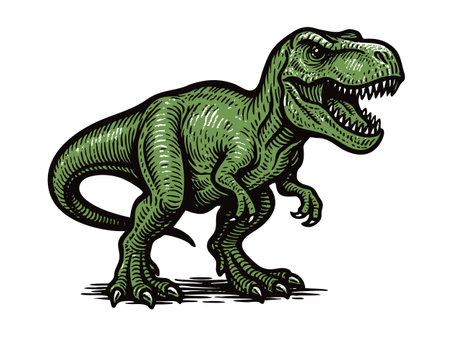 T-Rex dinosaur in a prehistoric setting with plants, mountns, and a red sun in the background sketch engraving vector illustration. Scratch board imitation. Black and white image.のイラスト素材