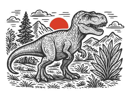 T-Rex dinosaur in a prehistoric setting with plants, mountns, and a red sun in the background sketch engraving vector illustration. Scratch board imitation. Black and white image.のイラスト素材