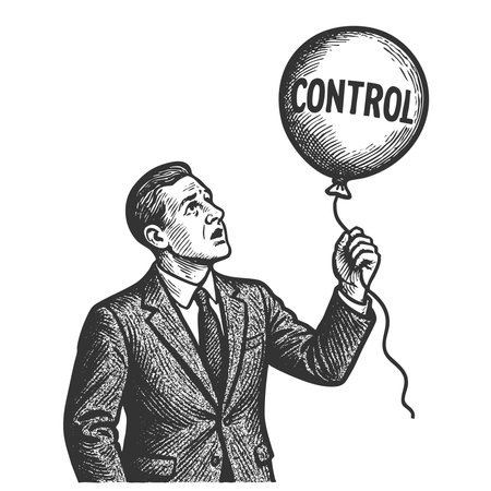 man in a suit holding a balloon labeled CONTROL, symbolizing influence or loss of power sketch engraving generative ai fictional character vector illustration. Scratch board. Black and white image.の素材