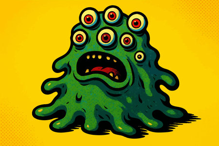 green slime monster with multiple eyes. raster colorful pop art illustration.