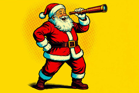 Santa Claus peering through a telescope, symbolizing curiosity, holiday planning, and festive adventure. vector colorful pop art illustration.のイラスト素材