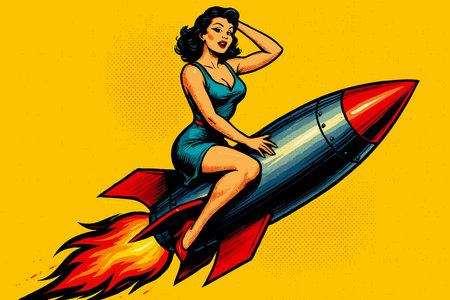 pin-up woman riding a flying rocket, symbolizing speed, power, and vintage charm. raster colorful pop art illustration.の写真素材