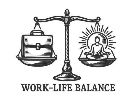 balance scale weighing a briefcase and a tree, symbolizing the struggle for work-life harmony sketch engraving generative ai raster illustration. Scratch board imitation. Black and white image.の素材