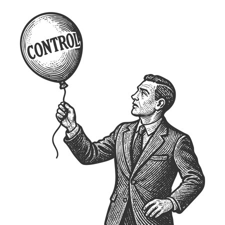 man in a suit holding a balloon labeled CONTROL, symbolizing influence or loss of power sketch engraving generative ai fictional character vector illustration. Scratch board. Black and white image.の素材