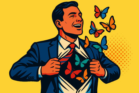 businessman opening his shirt to release colorful butterflies, symbolizing transformation, emotion, and inner freedom. raster colorful pop art illustration.の写真素材