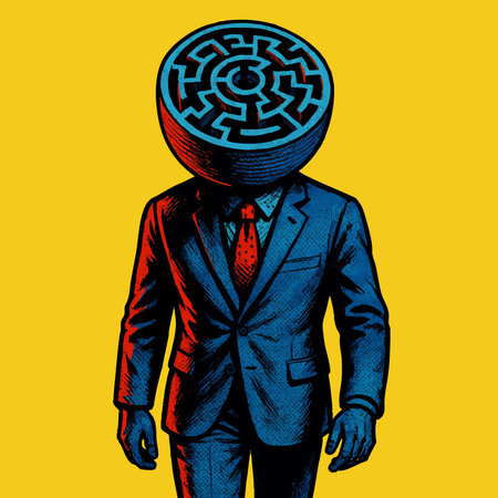 man in a suit with a labyrinth as a head, representing confusion, overthinking, or complex decision-making. vector colorful pop art illustration.のイラスト素材