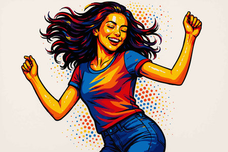 Pop art illustration of a joyful woman dancing in a leather jacket and shorts, set against a bold orange background. Generative ai raster colorful pop art illustration.の素材