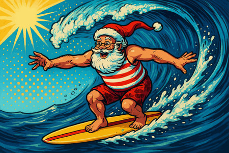 Santa Claus riding a big wave on a yellow surfboard, wearing beach clothes and a Santa hat under the sun. Generative ai vector colorful pop art illustration.の素材