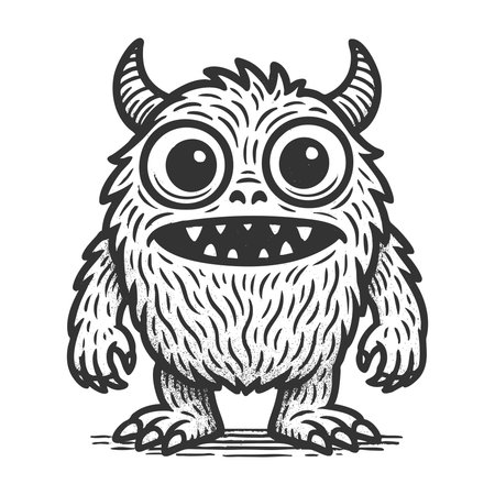 cartoon-style furry monster with horns, big eyes, and a wide toothy grin sketch engraving fictional character vector illustration. Scratch board imitation. Black and white image.のイラスト素材