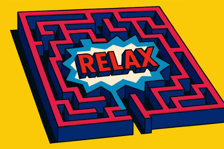 maze with the word RELAX in bold letters at the center, symbolizing stress relief . vector colorful pop art illustration.のイラスト素材