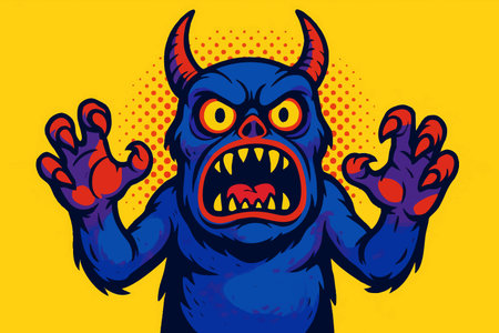 blue monster with horns and claws, yelling with rage in a bold comic pop art design. vector colorful pop art illustration.のイラスト素材