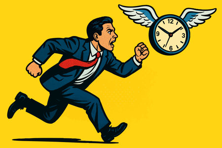 businessman running after a winged clock, symbolizing time pressure, deadlines, urgency, and the...