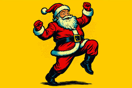 Santa Claus joyfully dancing with rsed arms, celebrating the festive holiday season in style. vector colorful pop art illustration.のイラスト素材
