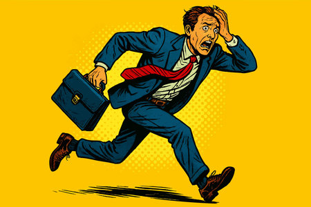 frantic businessman sprinting with a briefcase, symbolizing stress, urgency, deadlines, and the rush of corporate life. raster colorful pop art illustration.の写真素材