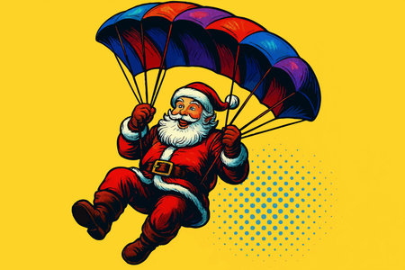 Santa Claus joyfully descending with a multicolored parachute. vector colorful pop art illustration.のイラスト素材