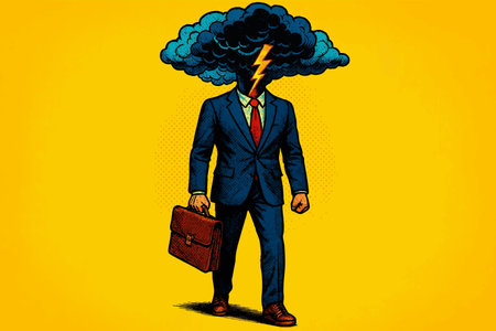 businessman with a storm cloud and lightning bolt as a head, symbolizing stress, anger, or burnout. vector colorful pop art illustration.のイラスト素材