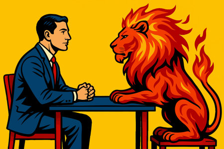 businessman sitting across a blazing red lion at a table, symbolizing courage, power, or facing fear. Generative ai vector colorful pop art illustration.の素材