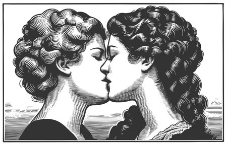 two women sharing a tender kiss, with elegant hairstyles, chokers, and expressive line work sketch engraving generative ai fictional character vector illustration. Scratch board. Black and white imageの素材