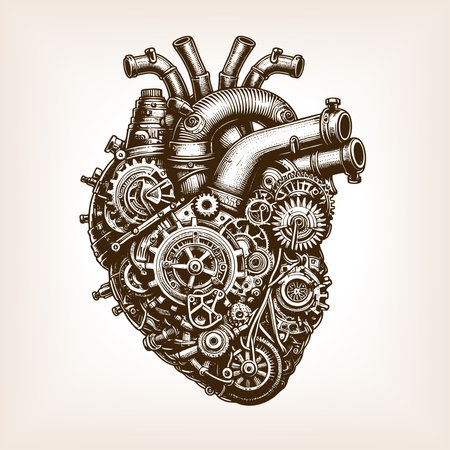steampunk human heart constructed from gears, pipes, and mechanical components sketch engraving vector illustration. Scratch board imitation. Black and white image.のイラスト素材