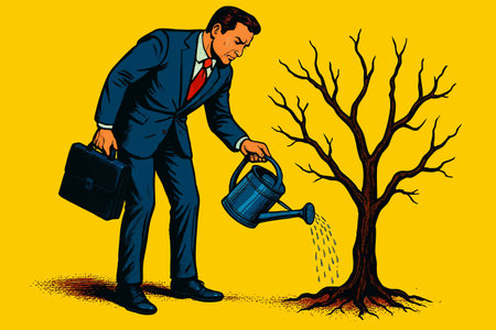 businessman watering a leafless, dying tree, representing wasted effort, poor investment, or failed growth. Generative ai vector colorful pop art illustration.の素材