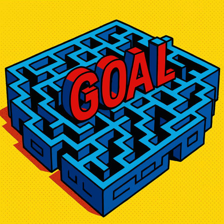 maze illustration in pop art style with the word GOAL exploding at the center, symbolizing achievement and direction. raster colorful pop art illustration.の写真素材