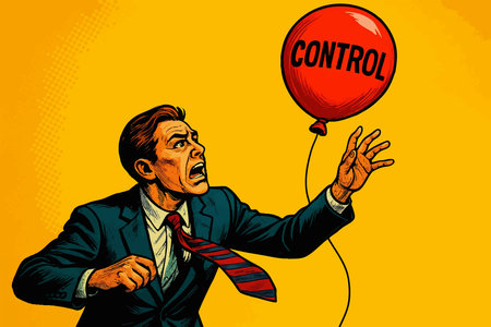 panicked businessman reaching for a red balloon labeled CONTROL, symbolizing slipping control, stress, and rising pressure. raster colorful pop art illustration.の写真素材