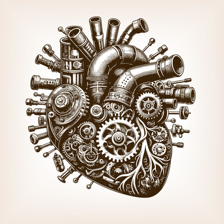 steampunk human heart constructed from gears, pipes, and mechanical components sketch engraving vector illustration. Scratch board imitation. Black and white image.のイラスト素材