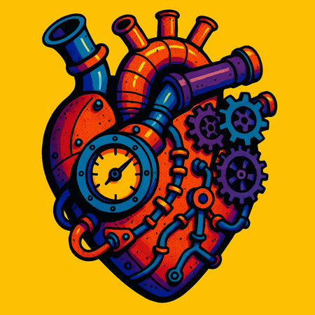 mechanical heart filled with gears, pipes, gauges, and metal components, symbolizing technology, emotion, and engineered life. vector colorful pop art illustration.のイラスト素材