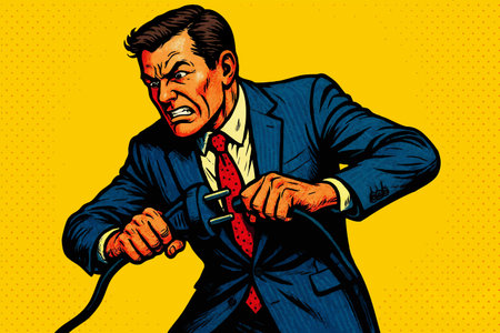 businessman forcefully pulling a giant power plug, symbolizing frustration, stress, and the struggle to disconnect or regain control. Generative ai vector colorful pop art illustration.の素材