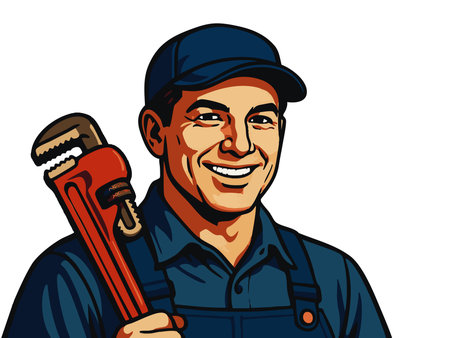 happy plumber in uniform with a large red pipe wrench, ideal for trade or service concepts. raster colorful pop art illustration.の写真素材