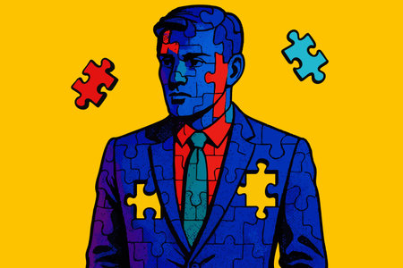 man in a suit made of puzzle pieces, symbolizing identity, problem solving, and incomplete personality. vector colorful pop art illustration.のイラスト素材