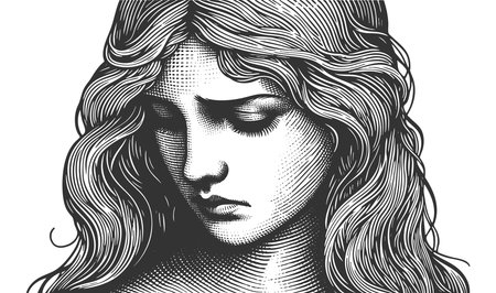 sorrowful woman, expressing sadness and introspection sketch engraving fictional character raster illustration. Scratch board imitation. Black and white imageの写真素材