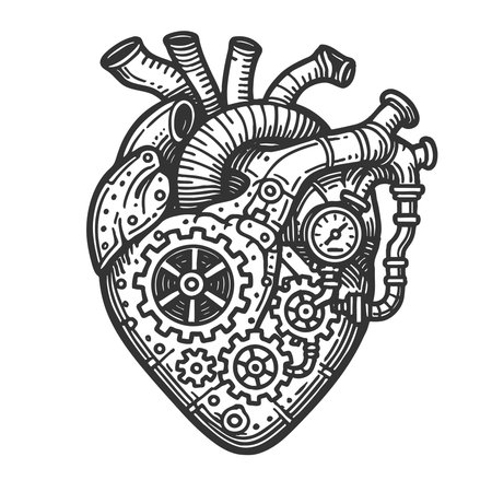 steampunk human heart constructed from gears, pipes, and mechanical components sketch engraving vector illustration. Scratch board imitation. Black and white image.のイラスト素材