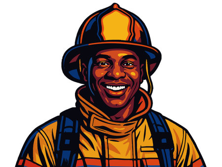 cheerful man firefighter wearing a yellow helmet and protective gear, symbolizing bravery and service. Generative ai vector colorful pop art illustration.の素材