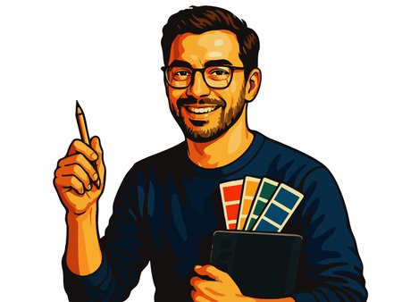 cheerful interior designer holding color samples and rolled blueprints, symbolizing creativity, planning, and home design. raster colorful pop art illustration.の写真素材