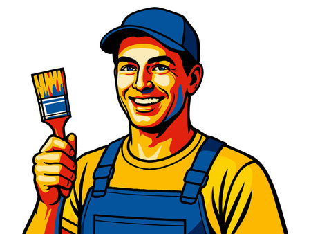 happy male house pnter in overalls and cap, holding a pntbrush ideal for renovation and home improvement themes. raster colorful pop art illustration.の写真素材