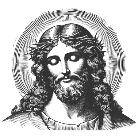 Jesus Christ with a radiant halo and crown of thorns, representing faith, sacrifice, and divinity sketch engraving raster illustration. Scratch board. Black and whiteの写真素材