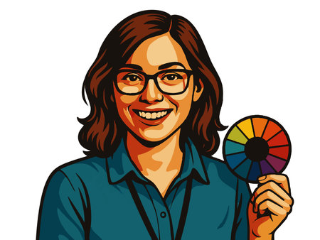 happy woman graphic designer showing a color palette, ideal for creative, branding, and marketing visuals. raster colorful pop art illustration.の写真素材