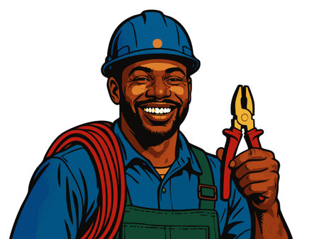cheerful male electrician with pliers and cable, ideal for trade, industry, and career visuals. Generative ai vector colorful pop art illustration.の素材
