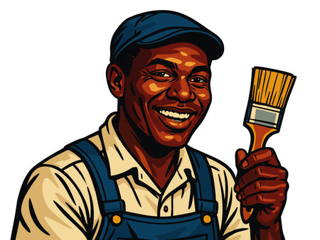 smiling man in work overalls and cap, holding a pntbrush, representing pnting jobs and renovations. raster colorful pop art illustration.の写真素材