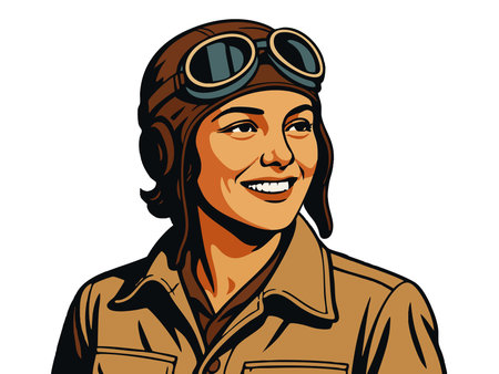 cheerful female pilot in a vintage-style aviation uniform and goggles, symbolizing aviation and empowerment. raster colorful pop art illustration.の写真素材