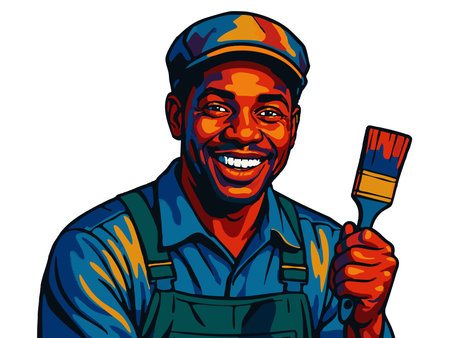 smiling man in work overalls and cap, holding a pntbrush, representing pnting jobs and renovations. raster colorful pop art illustration.の写真素材