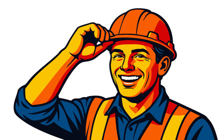 happy male construction worker tipping his orange hard hat, symbolizing friendliness, safety, and professionalism. raster colorful pop art illustration.の写真素材