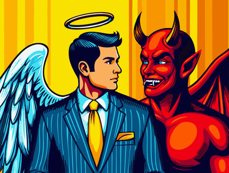 man as an angel facing a devil, symbolizing internal moral conflict and duality. Generative ai vector colorful pop art illustration.の素材