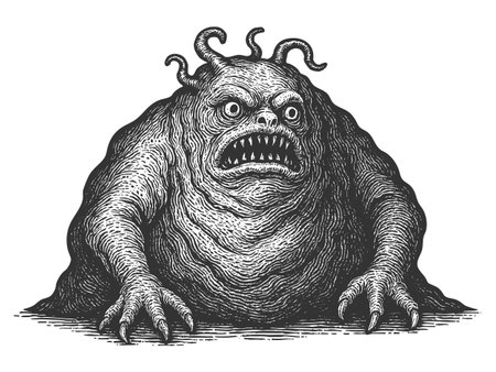 scary creature with claws and sharp teeth, resembling a goblin or fantasy beast in horror folklore sketch engraving vector illustration. Scratch board imitation. Black and white image.のイラスト素材