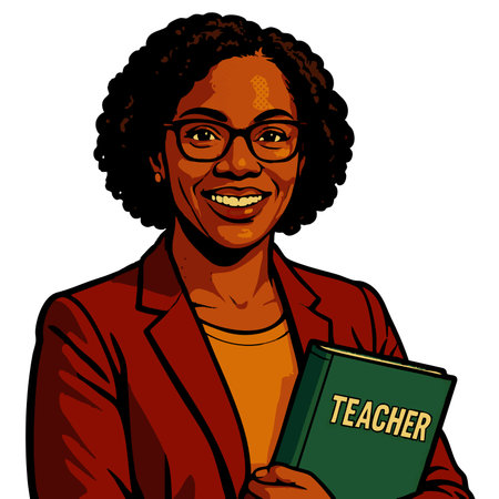 cheerful woman teacher in glasses holding a book and chalk, symbolizing education, learning, and instruction. Generative ai raster colorful pop art illustration.の素材